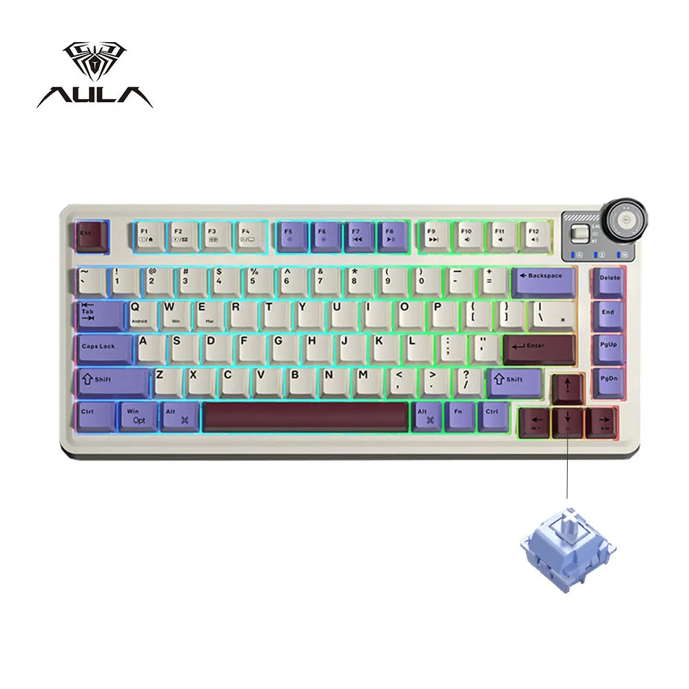 Teclado mecánico gaming esports AULA AU75 de tres modos, 81 teclas, teclas PBT, hot-swappable, RGB, teclado inalámbrico para PC de escritorio y escritura