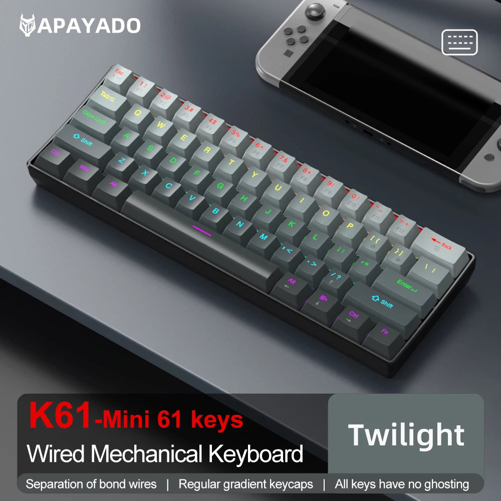 Tastiera meccanica mini APAYADO K61, cablata, 61 tasti, RGB Phantom, nera/bianca, switch meccanici rossi/blu per gaming, portatile 60%