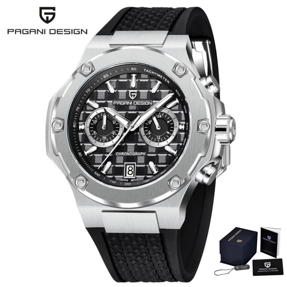 Reloj de cuarzo para hombre PAGANI DESIGN PD-YS032, 44mm, movimiento japonés VK64, caja de acero inoxidable, correa de caucho, cristal de zafiro, resistente al agua 100M