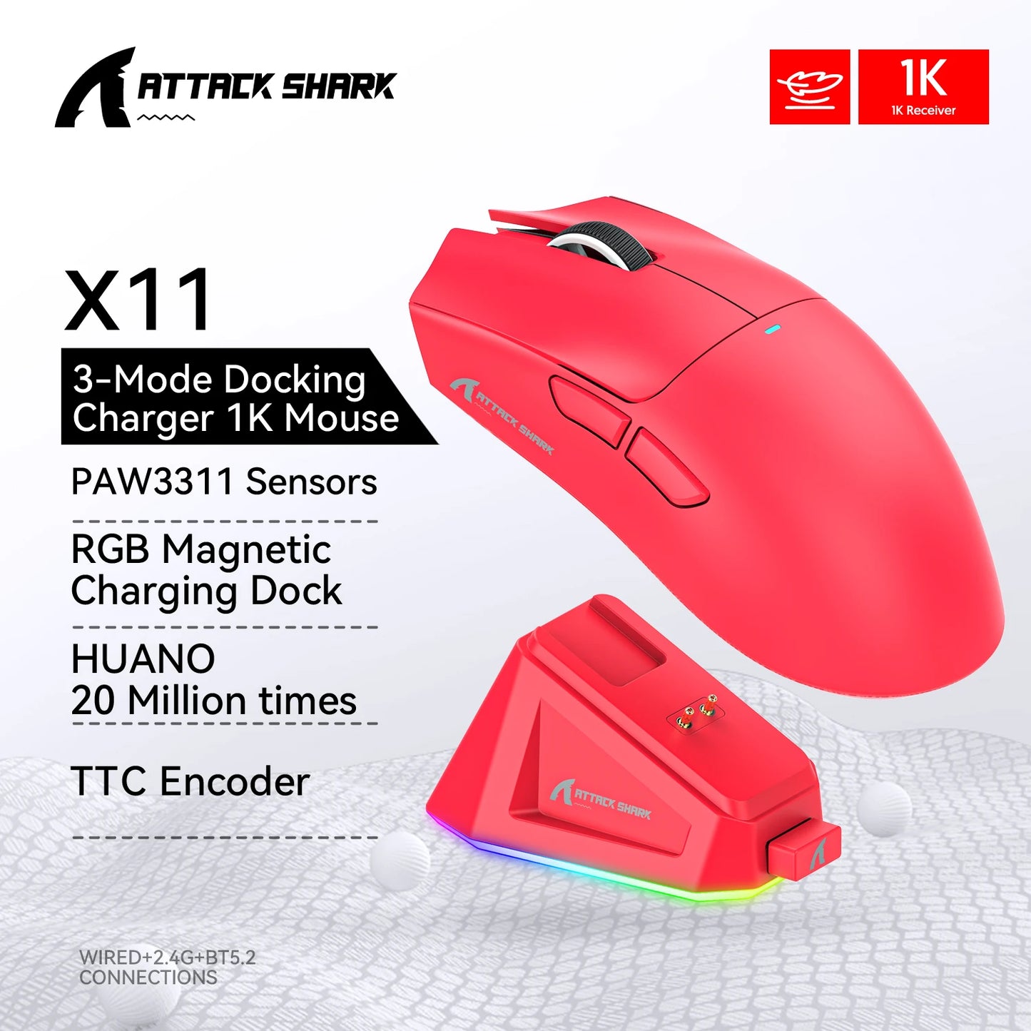 Ratón inalámbrico Attack Shark X11&R1 Tri Mode Bluetooth con base de carga RGB, ergonómico y ligero, accesorio para PC gamer