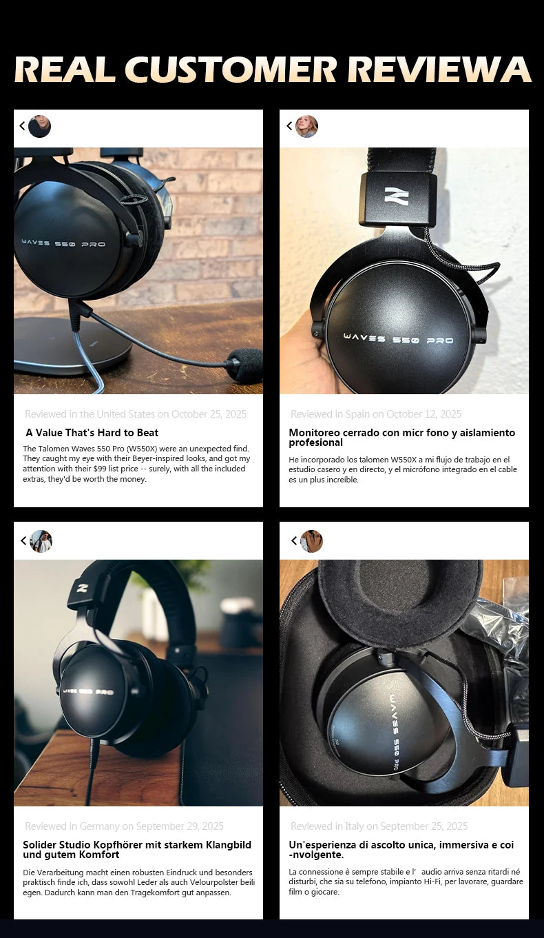 Auriculares de estudio TALOMEN W550x – Auriculares profesionales de monitorización para DJ, circumaurales y con cable, con transductores de 50mm y cable desmontable