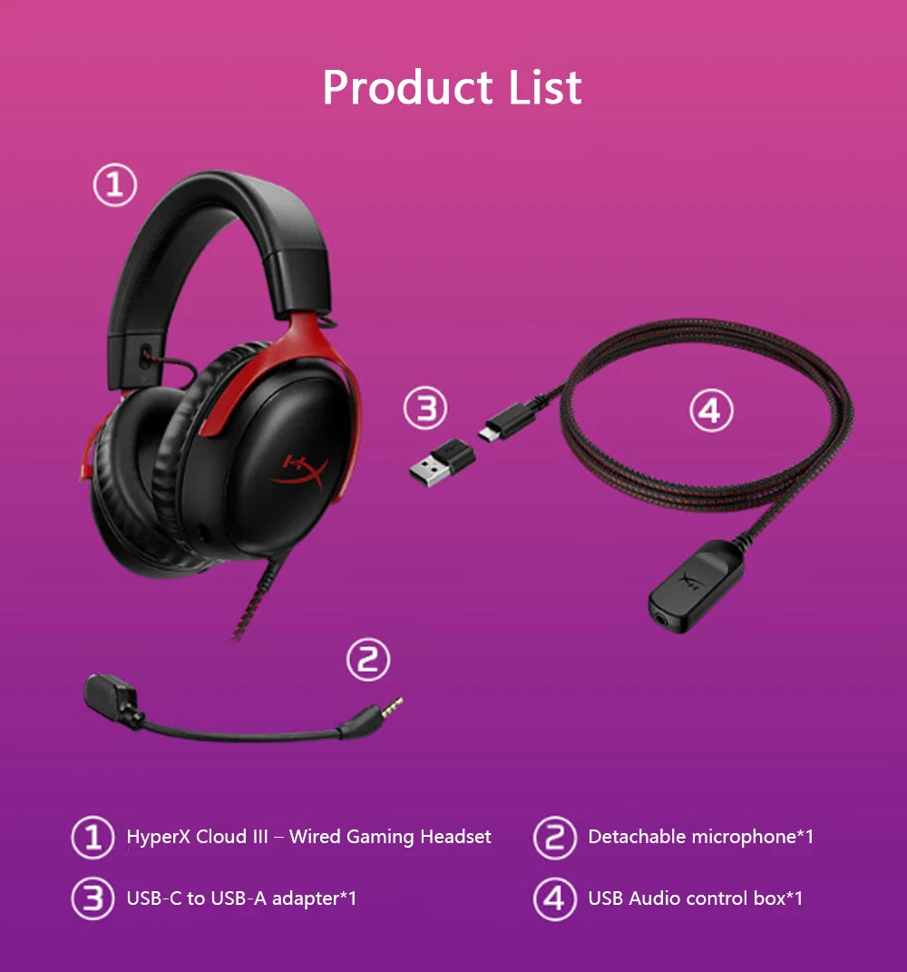 Auriculares gaming con cable HyperX Cloud III con audio espacial DTS X, transductores de 53mm y micrófono con cancelación de ruido – Auriculares gaming USB y 3.5mm para PC, PS5, Xbox y Switch