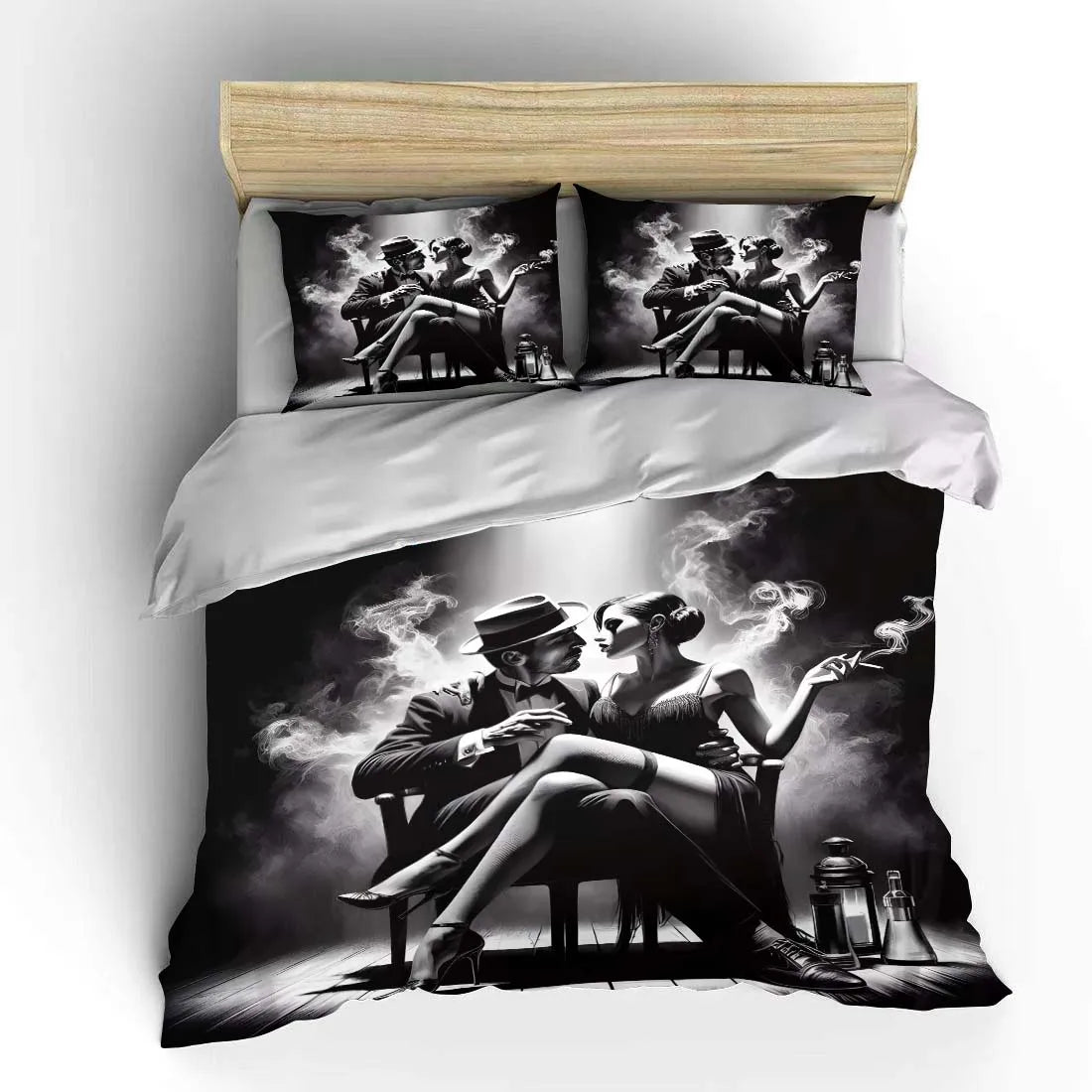 Conjunto de Cama para Crianças com Casal em Cena Esfumada a Preto e Branco, Presente de Luxo, 3 Peças, Edredão com Impressão Digital, Macio e Confortável