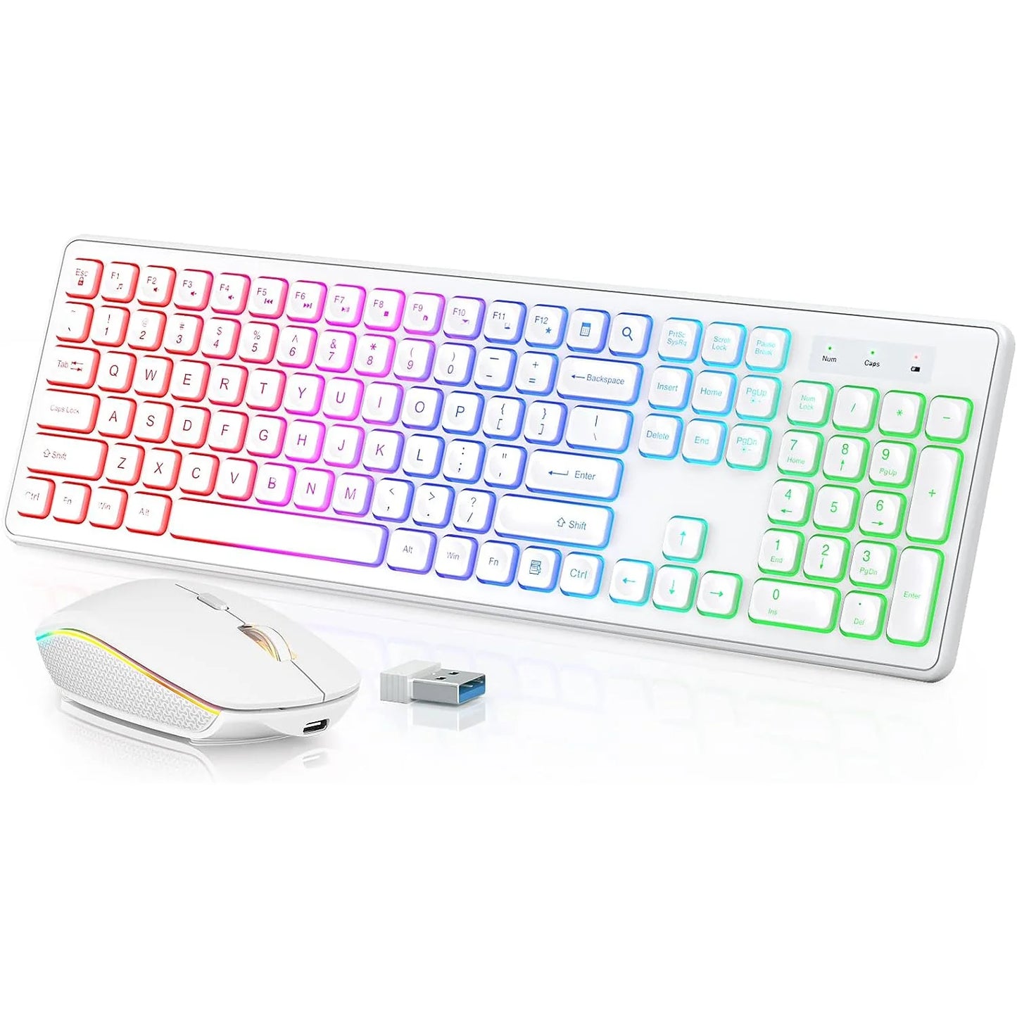 Combo tastiera e mouse wireless con retroilluminazione RGB, lettere illuminate ricaricabili, formato full-size, ergonomico, modalità sleep, 2.4GHz