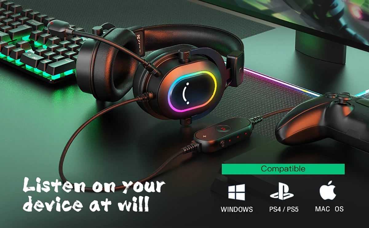 FIFINE RGB-Gaming-Headset mit Mikrofon – kabelgebundene Over-Ear-Kopfhörer mit 7.1 Surround Sound für PC, PS4 & PS5 mit 3 EQ-Modi