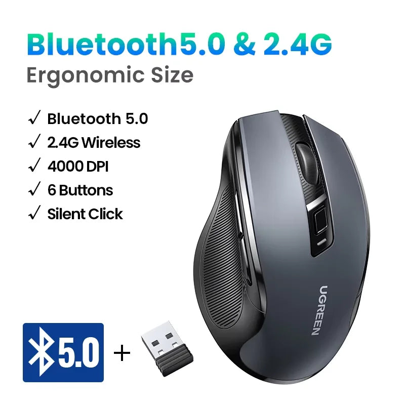 UGREEN bežični miš Bluetooth 5.0, ergonomski miš 4000DPI, 6 tihih tipki, miš za MacBook, tablet, prijenosna računala, računalo PC, 2.4G miševi