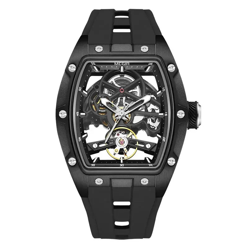 Orologio da polso automatico MEGIR da uomo, fashion, cinturino in silicone nero, impermeabile, luminoso, sportivo, meccanico, con quadrante tonneau 2242