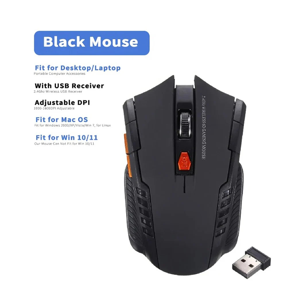 Bezprzewodowa mysz optyczna 2.4GHz do gamingu z odbiornikiem USB, 2000DPI, 6 przycisków, do komputera i laptopa