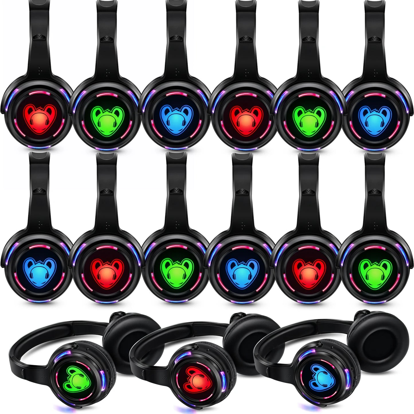 Auriculares inalámbricos Silent Disco RF LED para DJ y fiestas 863–865MHz/915MHz con iluminación LED de 3 canales y batería de 10H