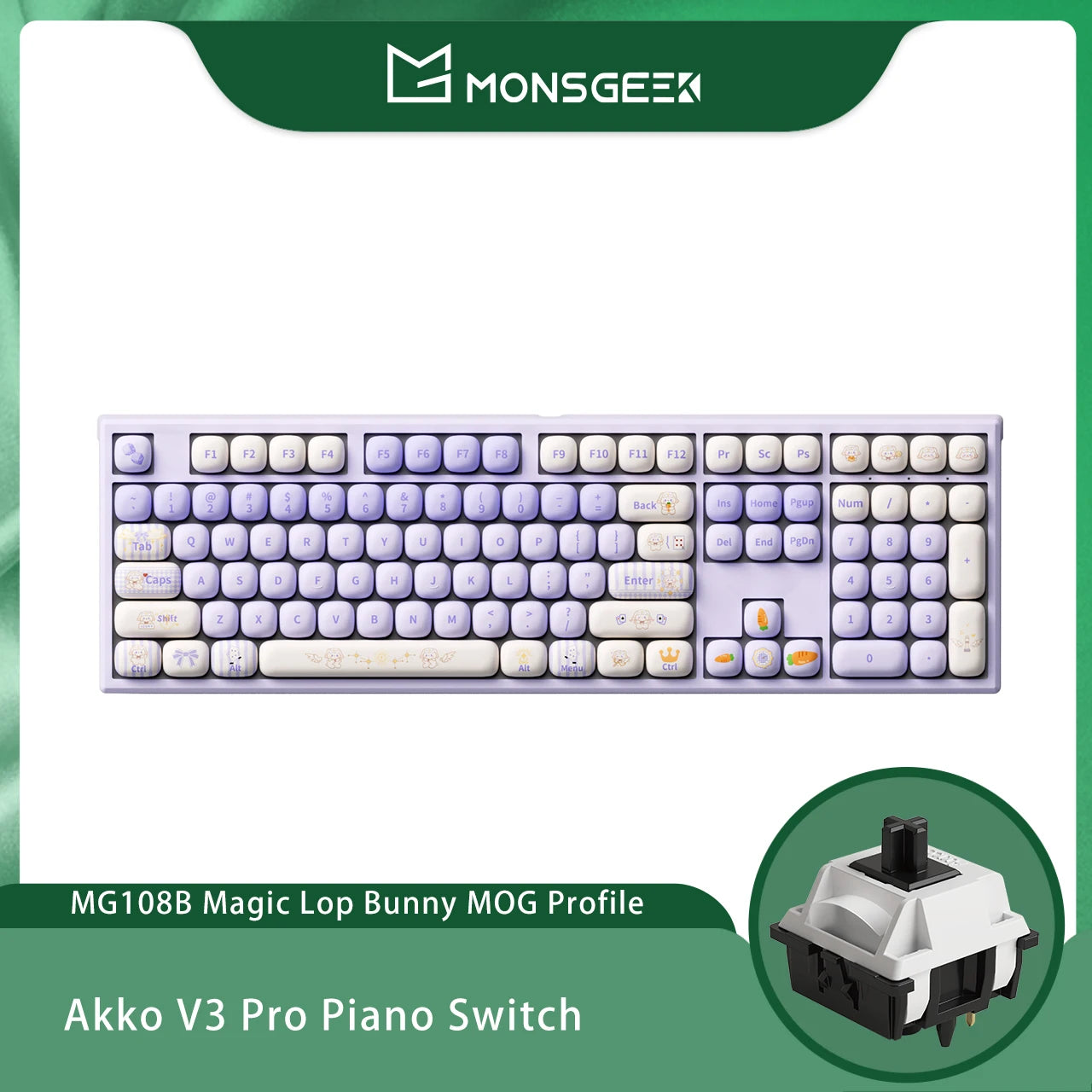 Teclado mecánico inalámbrico Akko MonsGeek MG108B Bun Wonderland, perfil MOG, RGB, 108 teclas, tamaño completo, hot swap, USB / 2.4G / BT 5.0