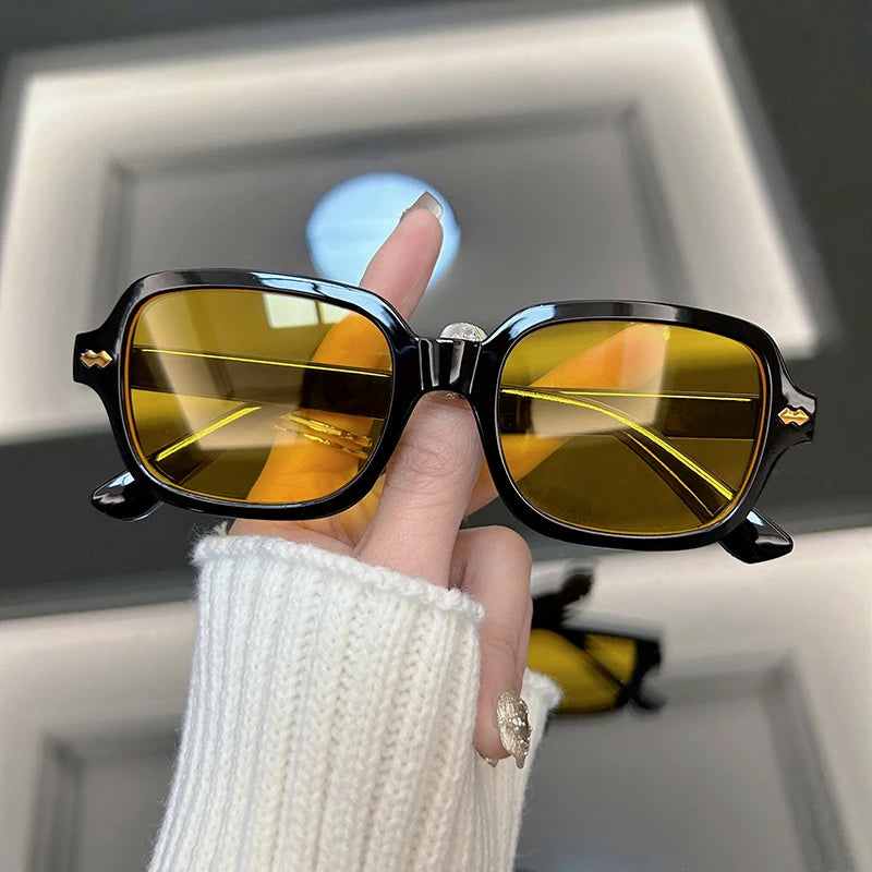 Vintage Square Sunglasses Women Fashion Small Frame Yellow Black Sun Glasses Male Female Retro Rivet Morror Oculos De Sol