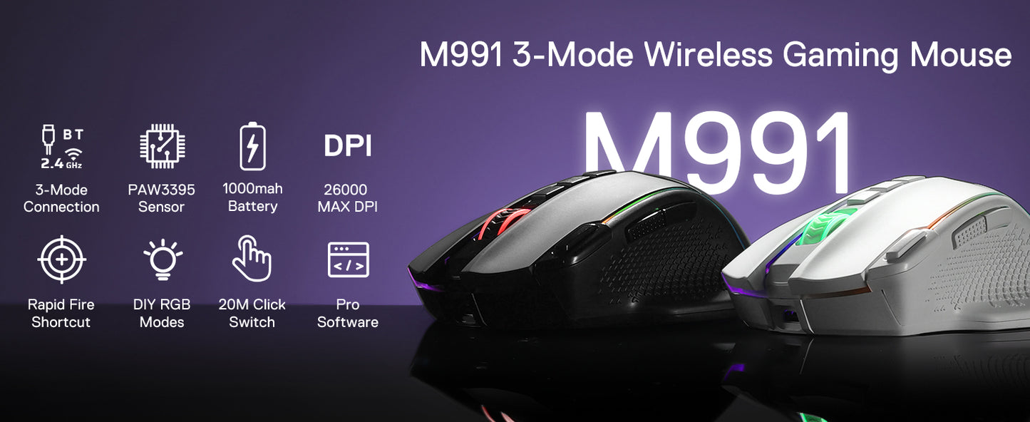 Mouse gaming wireless Redragon M991 26000 DPI, 3 modalità, 9 pulsanti macro, retroilluminazione RGB, nero