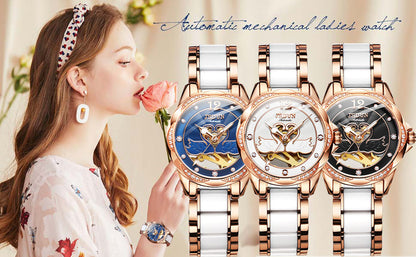 Luxury Mechanical Women Watch Love Swan Design Skeleton Elegant Ceramics Strap Waterproof  Ladies Wristwatch Girls Dress Watch