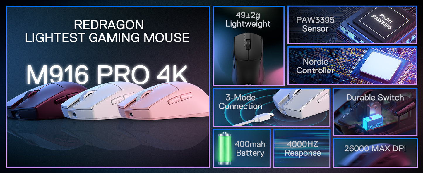 Ratón gaming inalámbrico Redragon M916 PRO de 3 modos, tasa de sondeo Hype-Speed 4K, ratón gamer ultraligero de 49G y 26K DPI