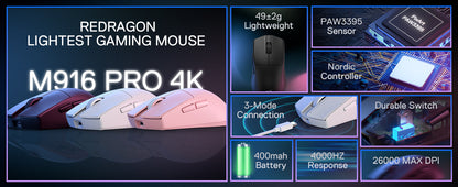 Ratón gaming inalámbrico Redragon M916 PRO de 3 modos, tasa de sondeo Hype-Speed 4K, ratón gamer ultraligero de 49G y 26K DPI
