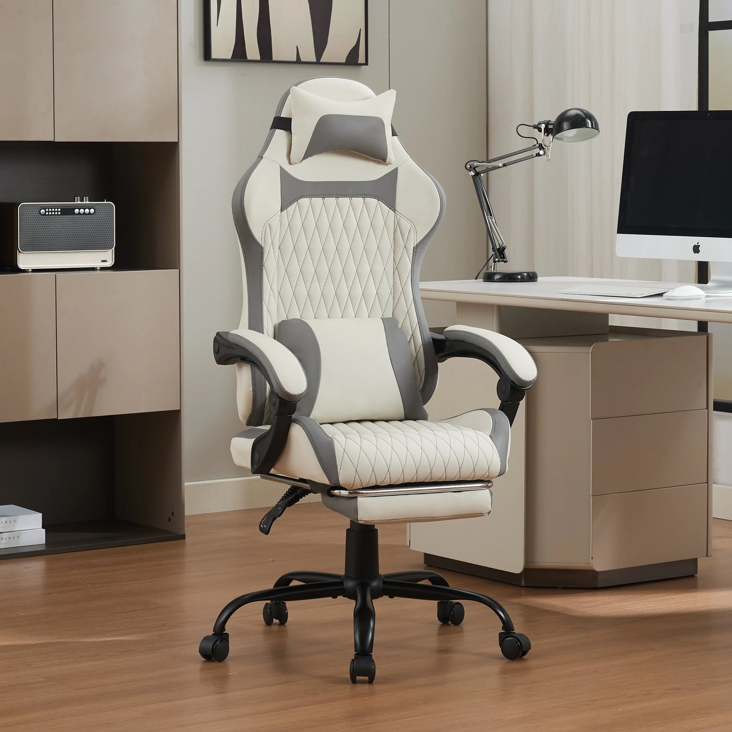 Elegant Ergonomic Gaming Chair with Footrest, High Back Computer Gaming Chair, Adjustable Reclining Office Gaming Chair for Home Office & Game Room