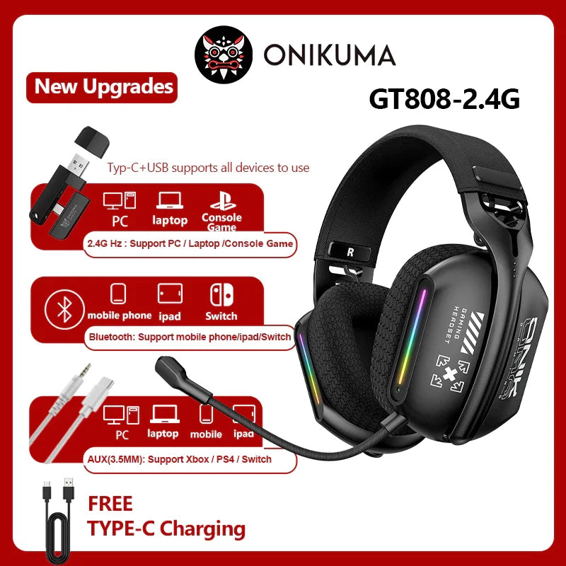 Cuffie gaming wireless Onikuma GT808 RGB – Bluetooth 5.3, 2.4GHz e 3.5mm con microfono