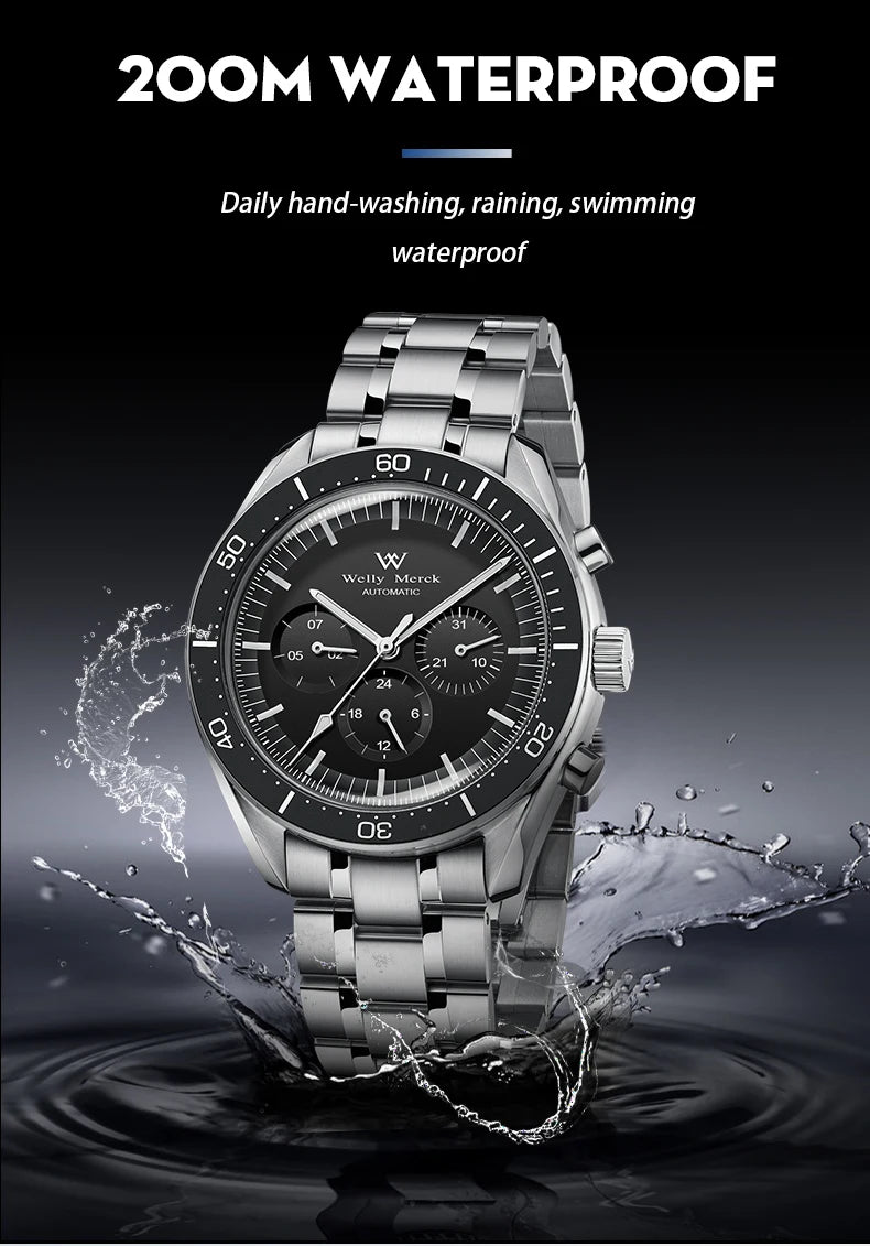 Reloj WM automático mecánico 200M impermeable casual clásico de negocios Welly Merck para hombre 170M-WM