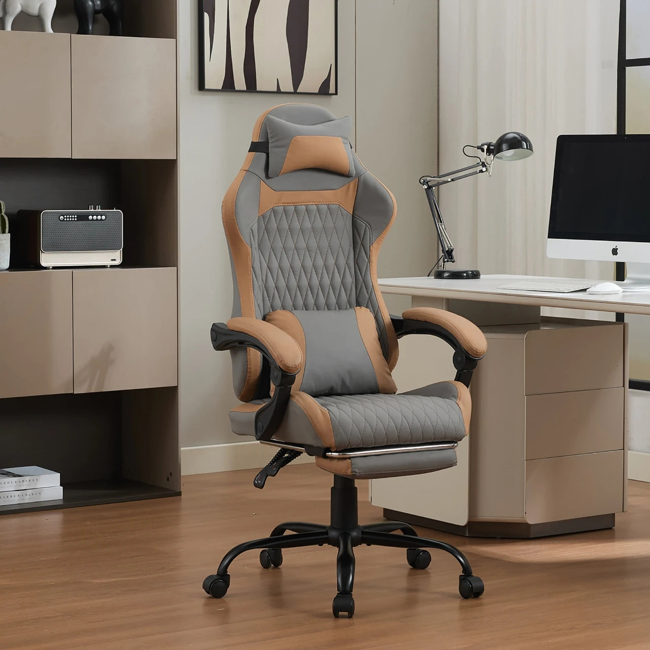 Elegant Ergonomic Gaming Chair with Footrest, High Back Computer Gaming Chair, Adjustable Reclining Office Gaming Chair for Home Office & Game Room