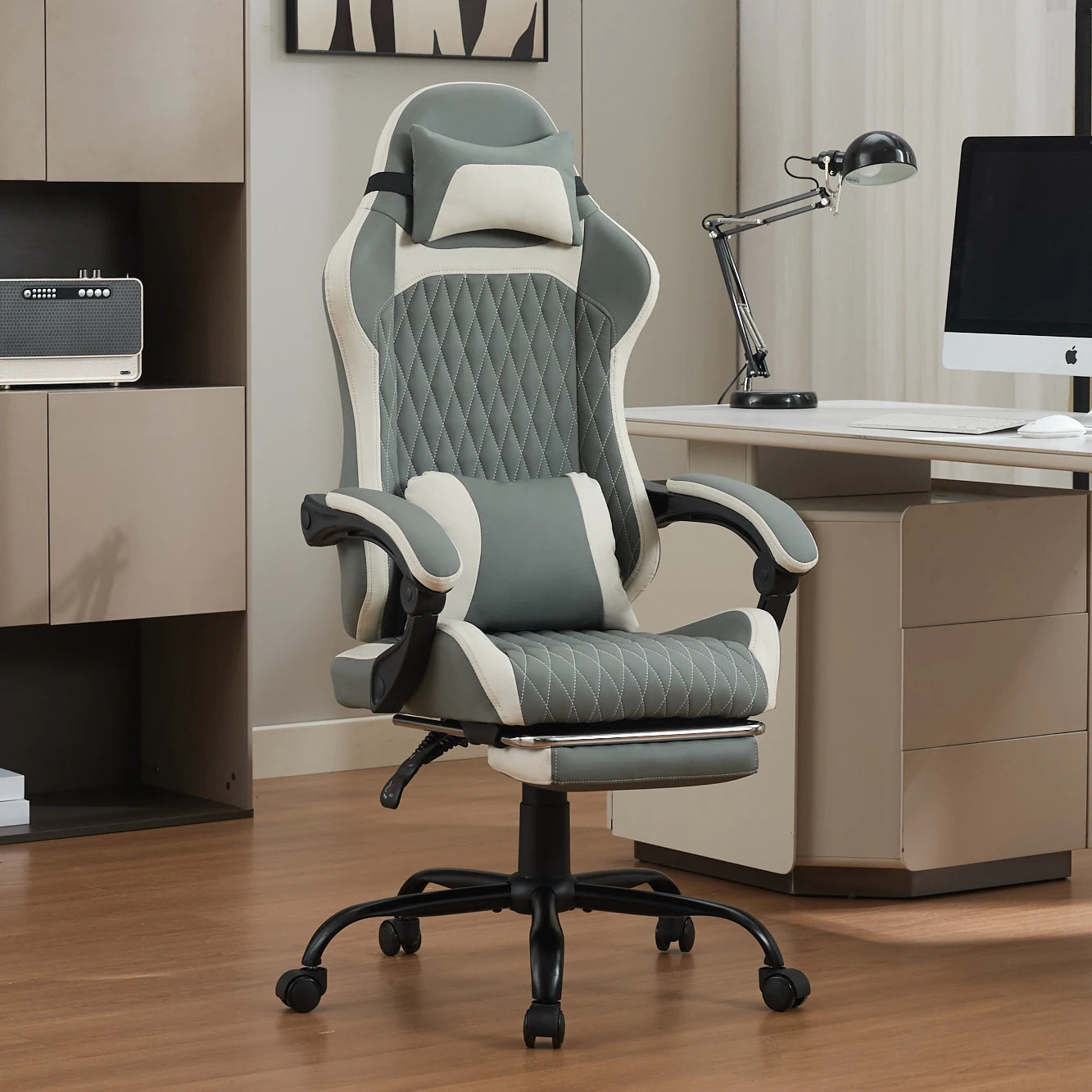 Elegant Ergonomic Gaming Chair with Footrest, High Back Computer Gaming Chair, Adjustable Reclining Office Gaming Chair for Home Office & Game Room