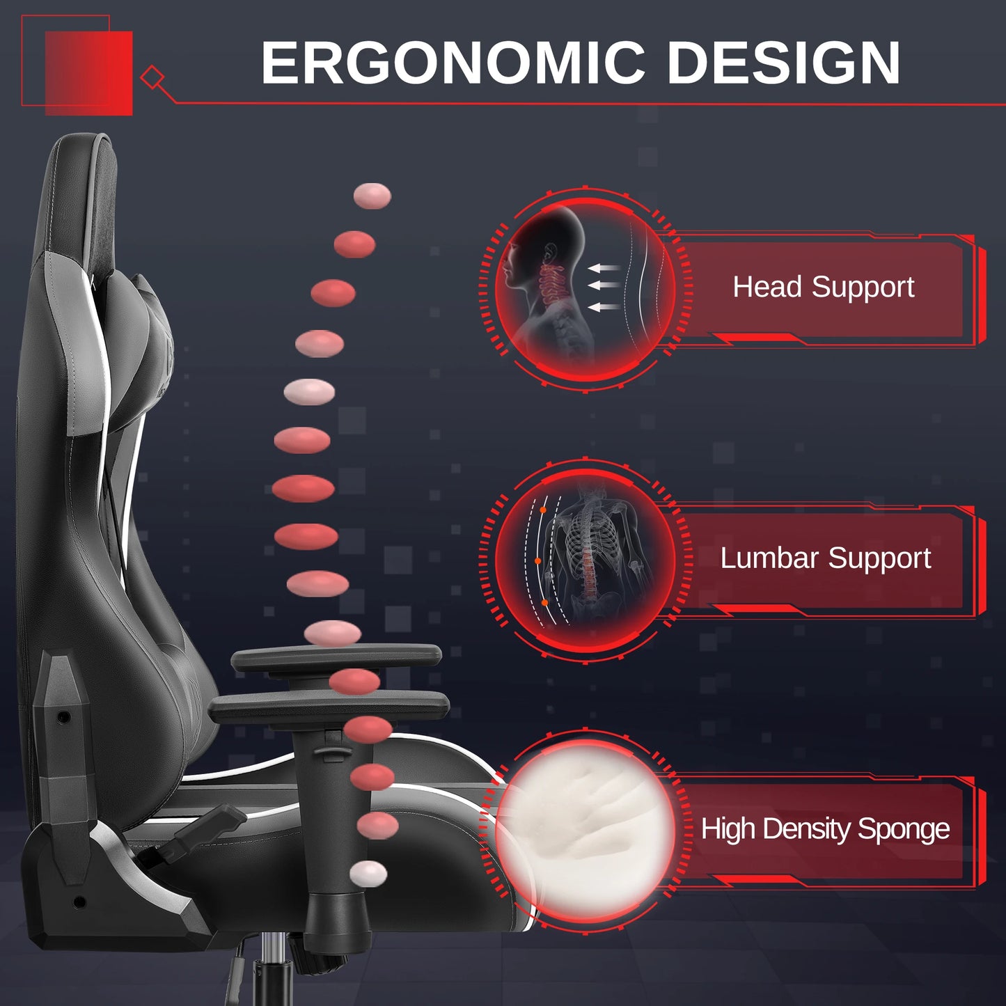 Gaming Chair, Ergonomic, PU Leather, Adjustable Armrests, Waterproof, Max 150kg, Black/Gray