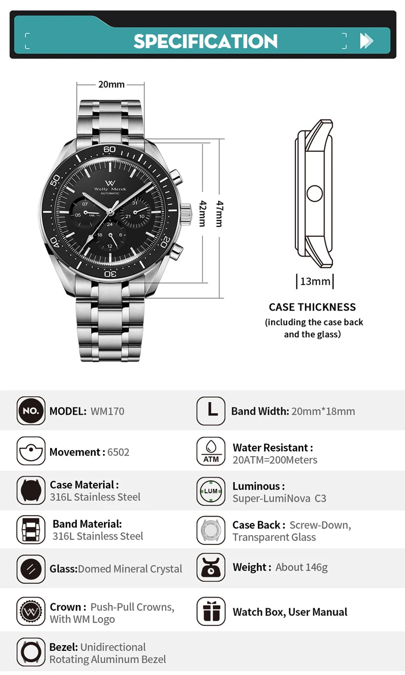 Reloj WM automático mecánico 200M impermeable casual clásico de negocios Welly Merck para hombre 170M-WM