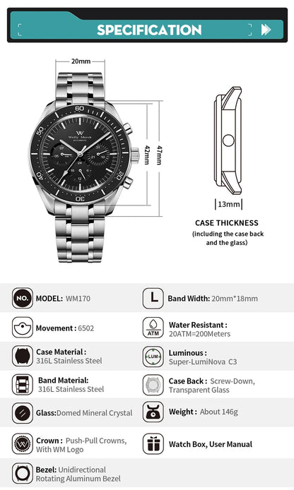 Reloj WM automático mecánico 200M impermeable casual clásico de negocios Welly Merck para hombre 170M-WM