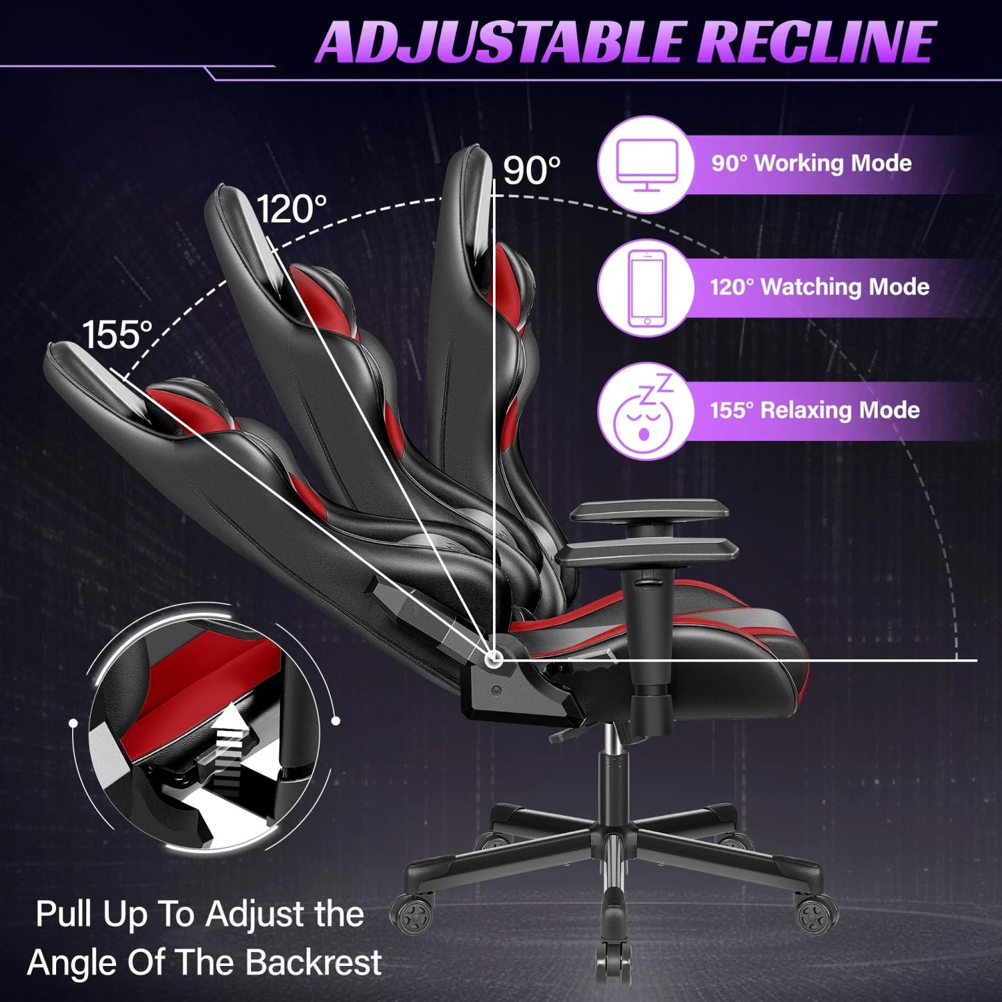 Gaming chair multi-directional adjustable PU leather ergonomic lumbar support Headrest Black Red