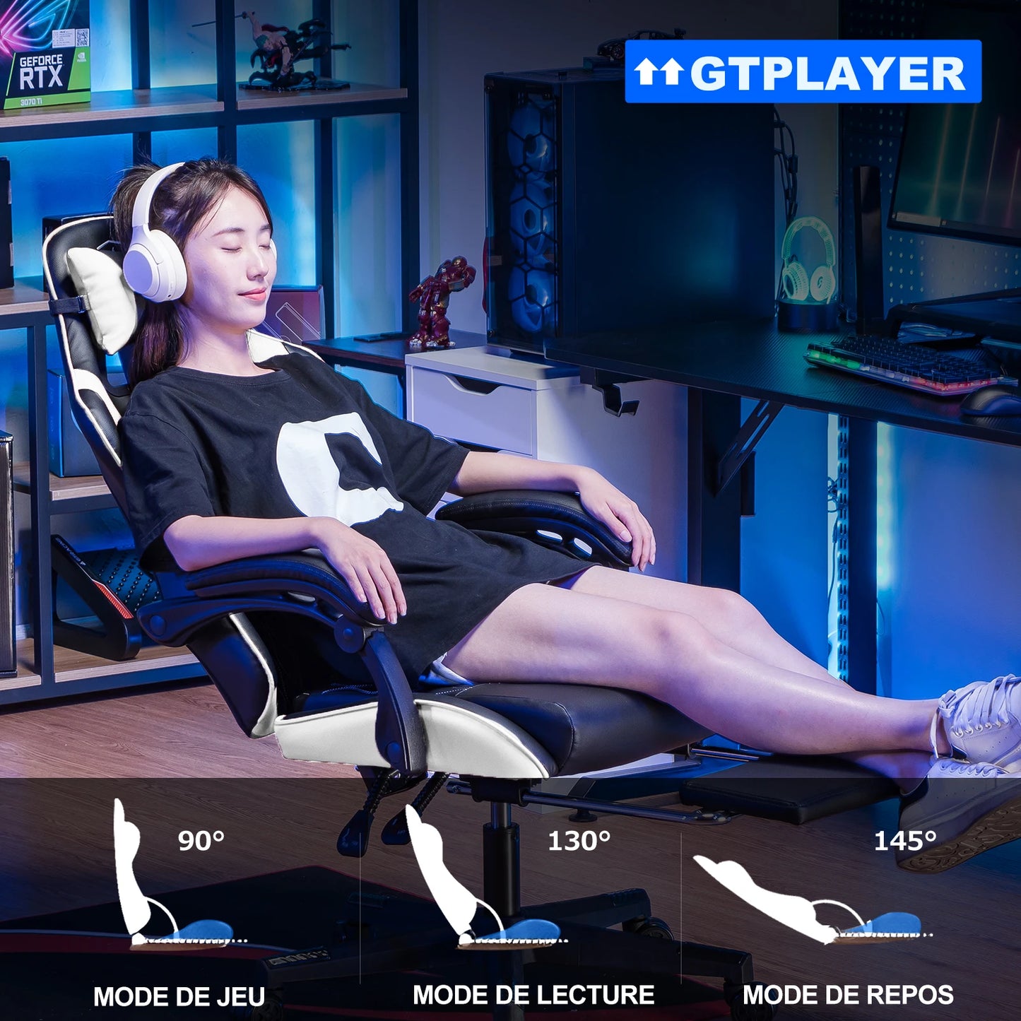 GTPLAYER Sedia da gaming Sedia gamer Sedia da ufficio ergonomica con poggiapiedi, supporto lombare regolabile e cuscini da gaming