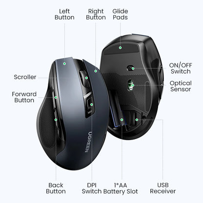 UGREEN bežični miš Bluetooth 5.0, ergonomski miš 4000DPI, 6 tihih tipki, miš za MacBook, tablet, prijenosna računala, računalo PC, 2.4G miševi