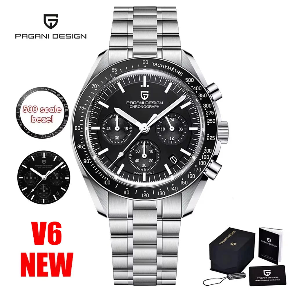 Nuovo orologio da uomo PAGANI DESIGN V6 Moon 2026 Speed Sports, cronografo al quarzo, zaffiro AR e lunetta in ceramica, orologio sicuro