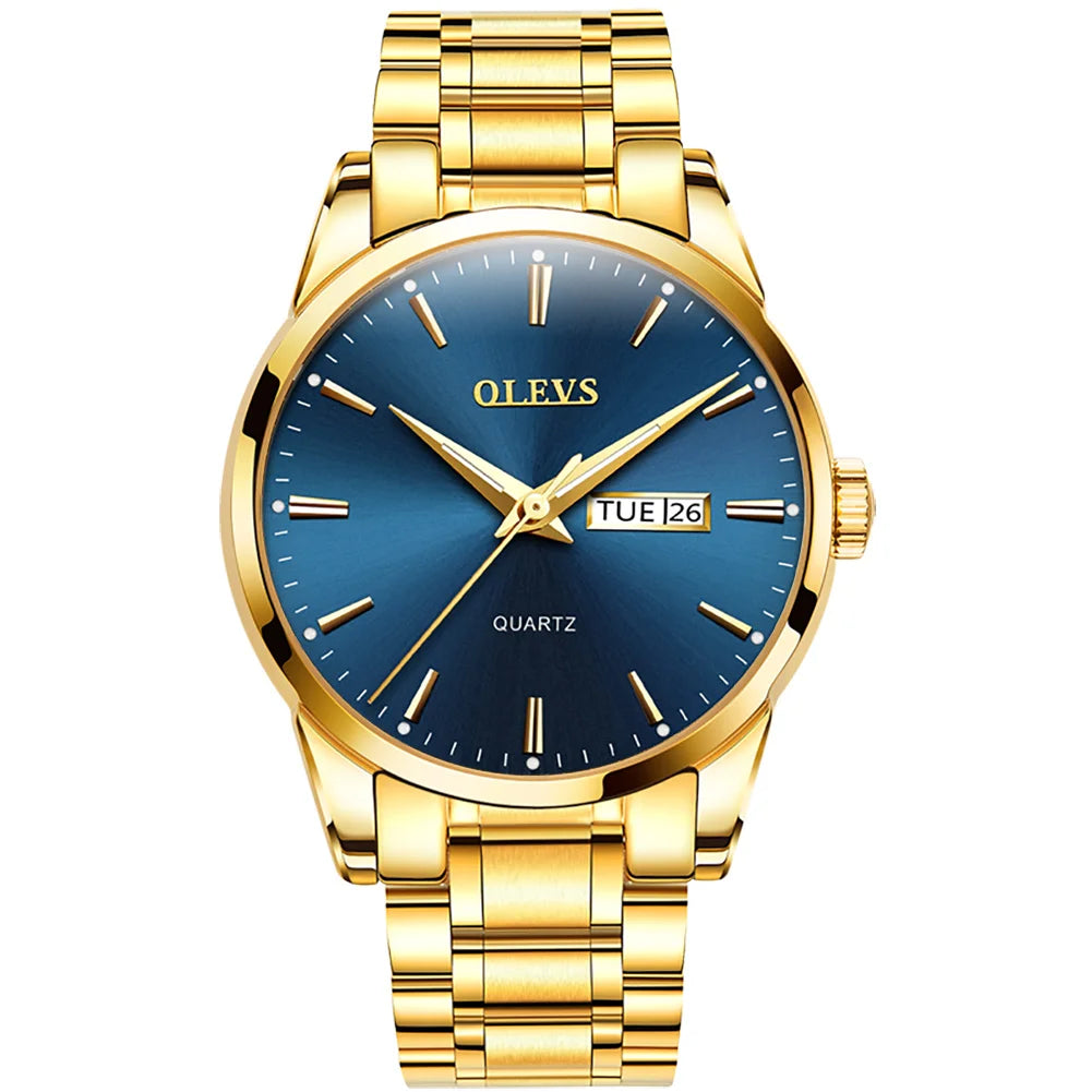 Relógio para homem OLEVS – Relógio de pulso de quartzo em aço inoxidável, estanque, dourado, elegante e luminoso, acessório de luxo para homem