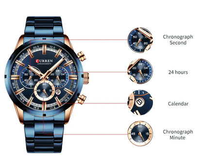 Orologio da uomo Curren con quadrante blu, cinturino in acciaio inox, data, stile business, impermeabile, orologio di lusso da polso per uomo