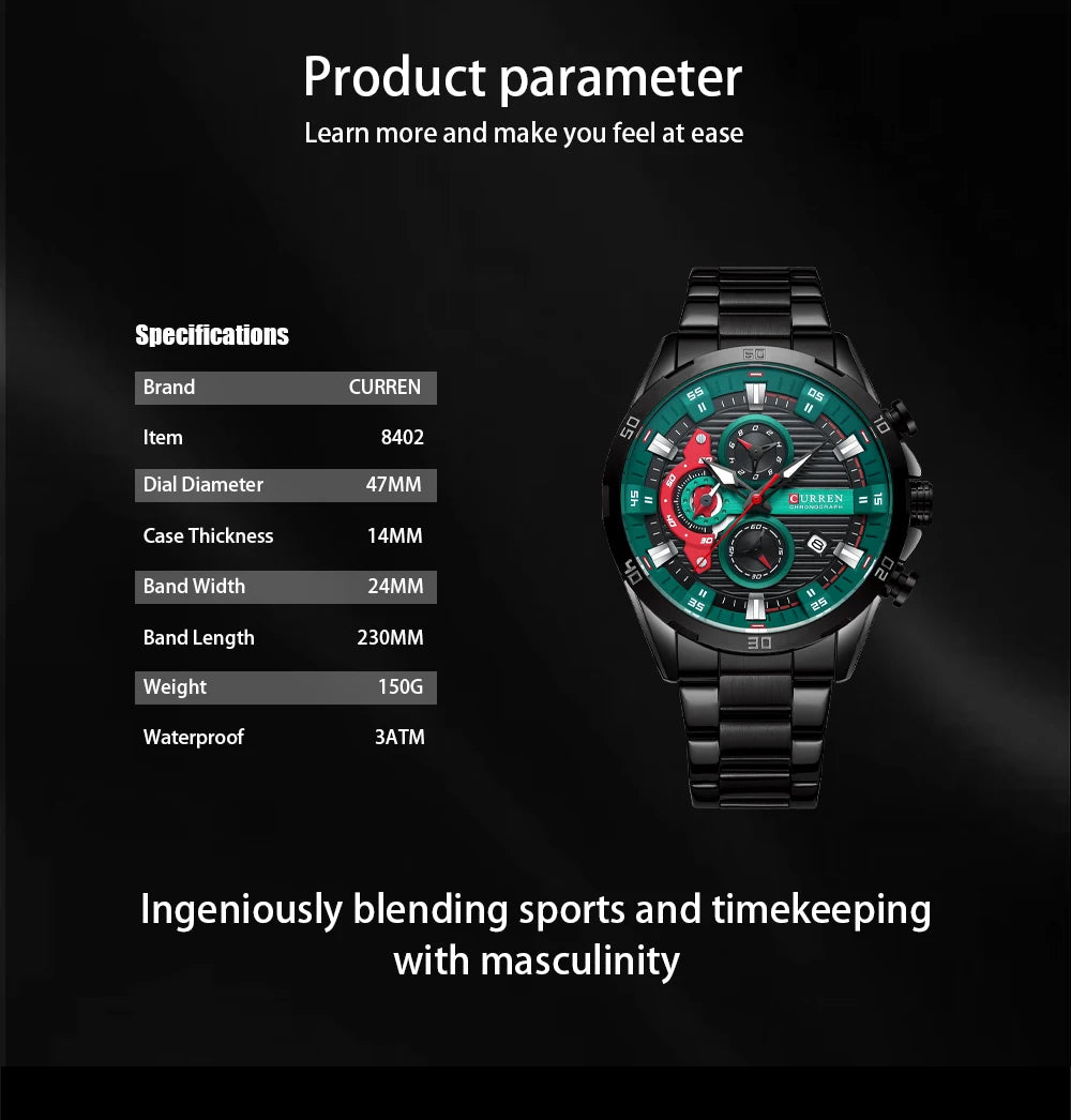 CURREN New Chronograph Men Watches for Sport Casual Stainless Steel Luminous Wristwatches for Male Creative Design Quartz Clock