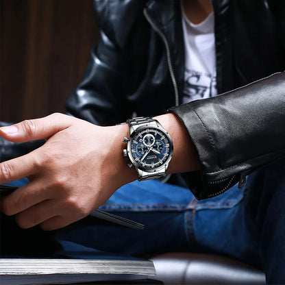 Orologio da uomo Curren con quadrante blu, cinturino in acciaio inox, data, stile business, impermeabile, orologio di lusso da polso per uomo