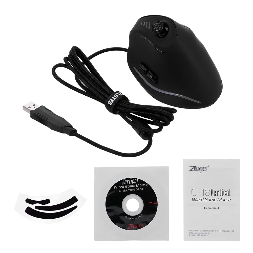 Mouse da gaming cablato Zelotes C-18, 11 pulsanti programmabili, motore laser 10000DPI, fascia luminosa RGB, 128KB, mouse verticale per laptop e PC