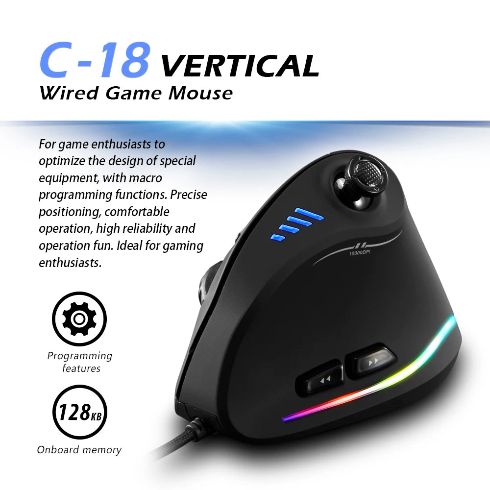 Mouse da gaming cablato Zelotes C-18, 11 pulsanti programmabili, motore laser 10000DPI, fascia luminosa RGB, 128KB, mouse verticale per laptop e PC