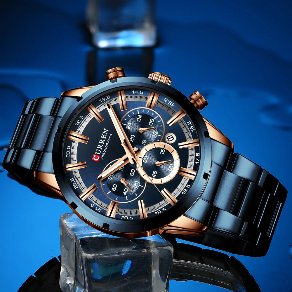 Orologio da uomo Curren con quadrante blu, cinturino in acciaio inox, data, stile business, impermeabile, orologio di lusso da polso per uomo