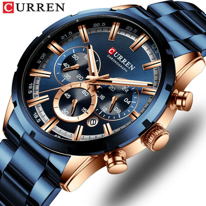 Orologio da uomo Curren con quadrante blu, cinturino in acciaio inox, data, stile business, impermeabile, orologio di lusso da polso per uomo