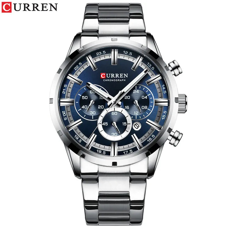 Orologio da uomo Curren con quadrante blu, cinturino in acciaio inox, data, stile business, impermeabile, orologio di lusso da polso per uomo