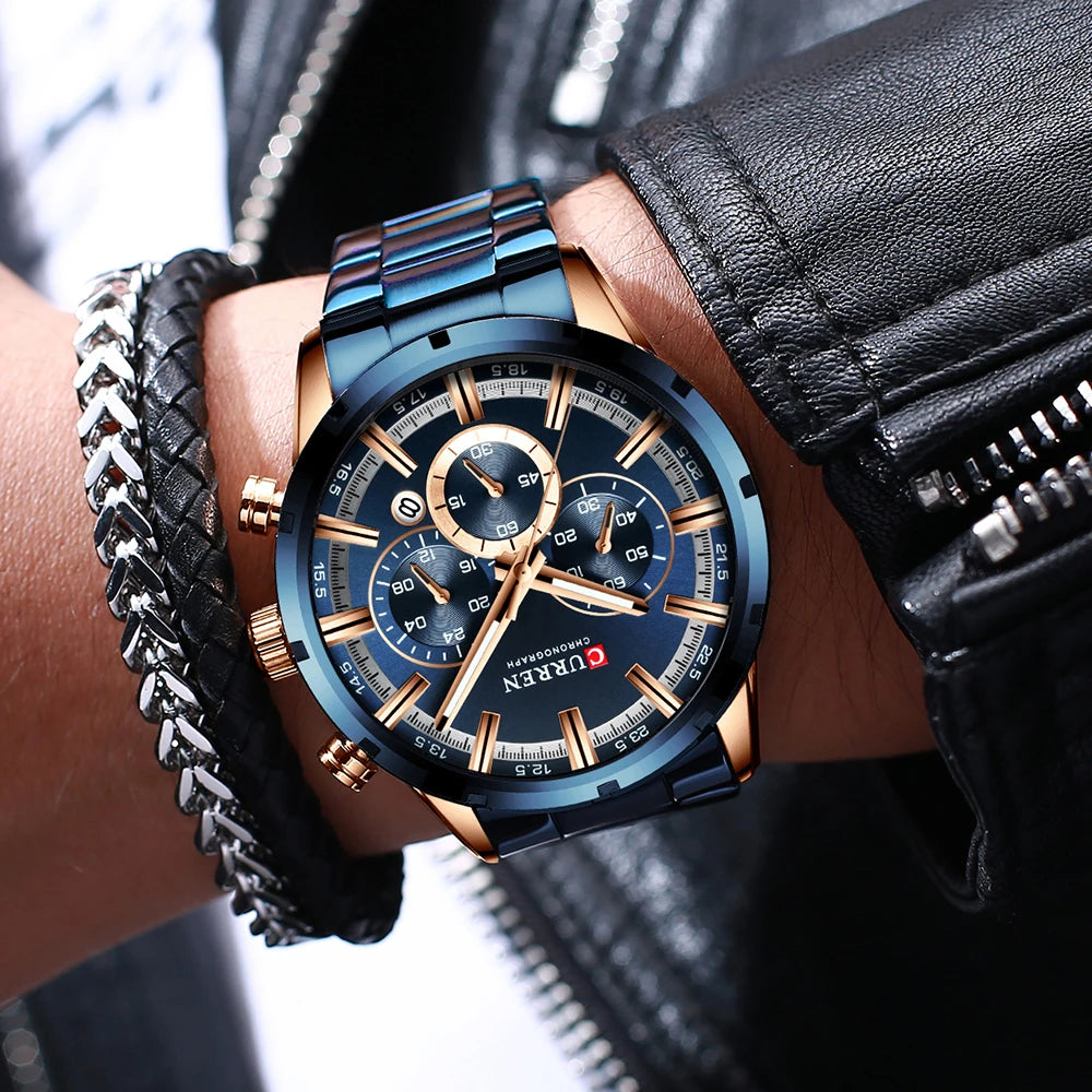 Orologio da uomo Curren con quadrante blu, cinturino in acciaio inox, data, stile business, impermeabile, orologio di lusso da polso per uomo
