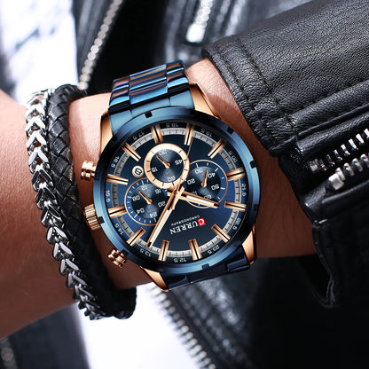 Orologio da uomo Curren con quadrante blu, cinturino in acciaio inox, data, stile business, impermeabile, orologio di lusso da polso per uomo