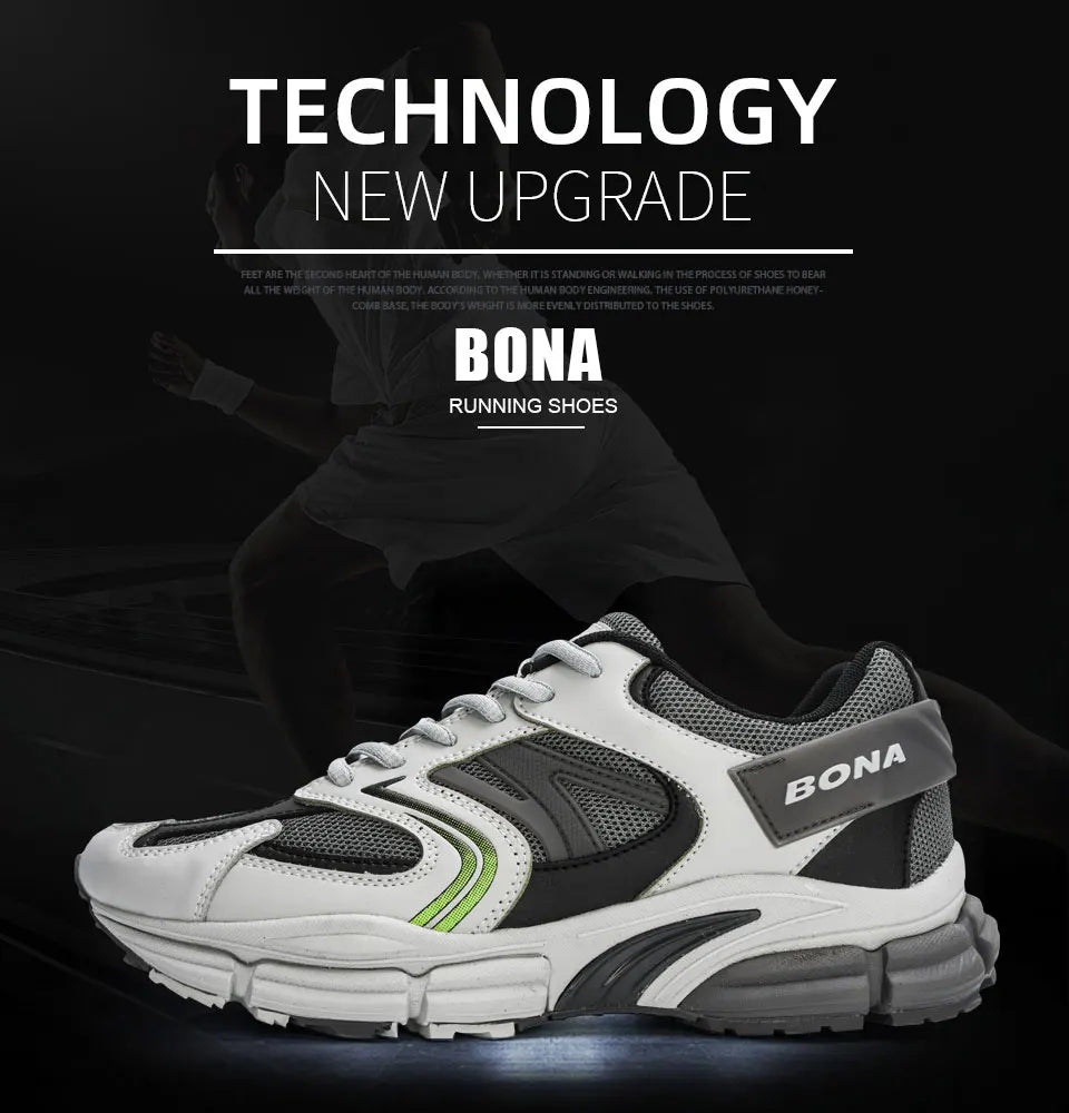 BONA New Designers Action Leather Mesh Men Running Shoes Sneakers Trainers Lightweight Antiskid Outdoor Walking Shoes Man