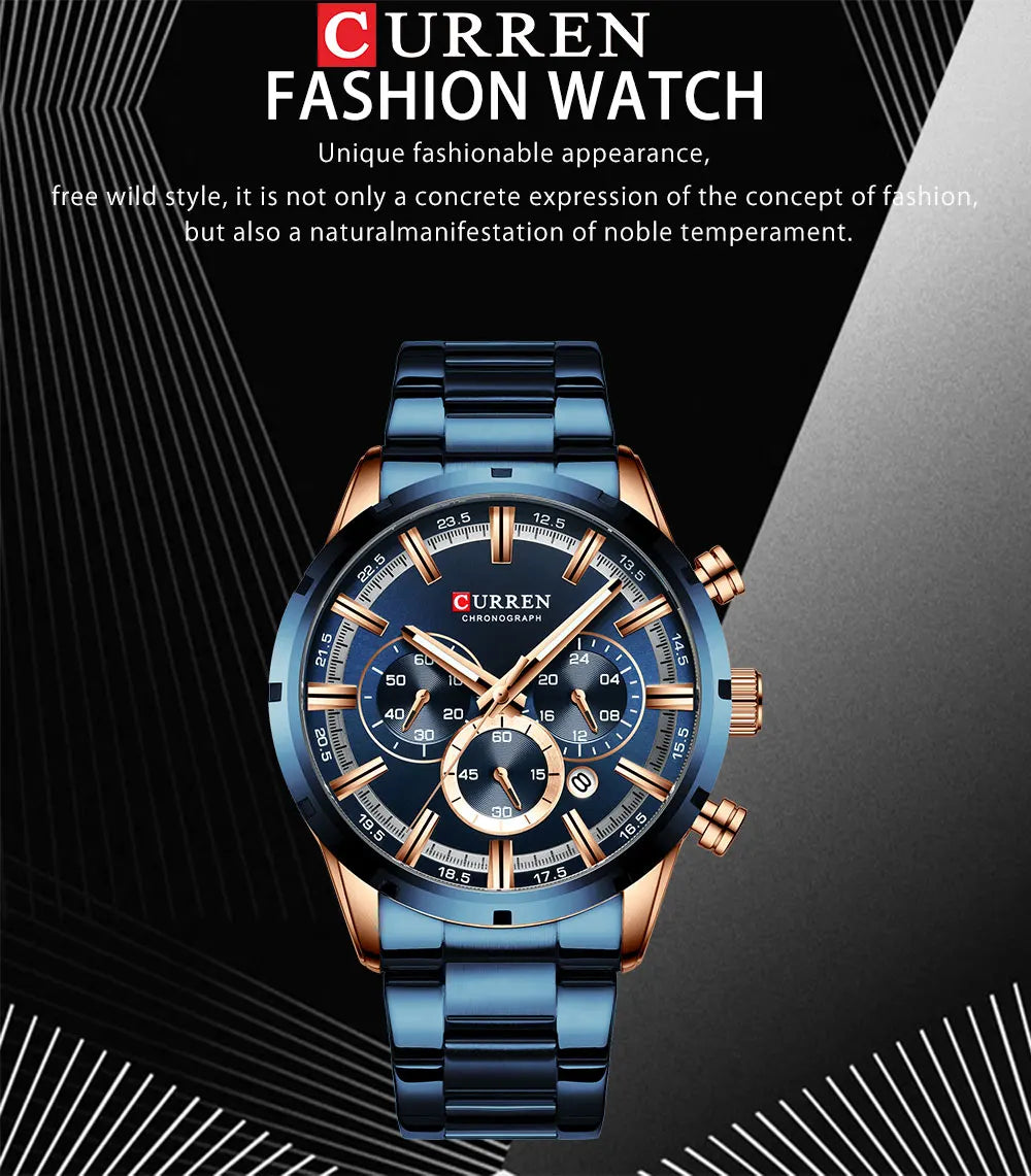 Orologio da uomo Curren con quadrante blu, cinturino in acciaio inox, data, stile business, impermeabile, orologio di lusso da polso per uomo