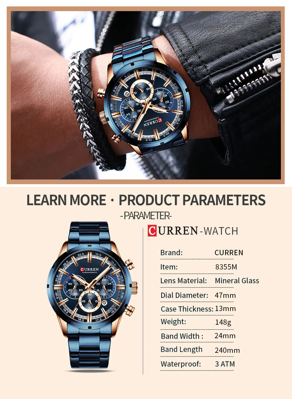 Orologio da uomo Curren con quadrante blu, cinturino in acciaio inox, data, stile business, impermeabile, orologio di lusso da polso per uomo