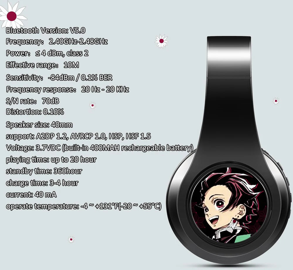 Japan Anime Headphone Demon Slayer Kimetsu No Yaiba Kamado Tanjirou Cosplay Bluetooth Headset Earphone with Mic Support TF Card