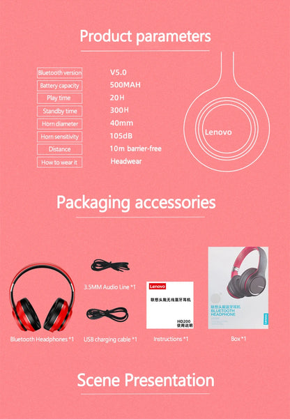 Cuffie Over-Ear Bluetooth Wireless Lenovo HD200 – Headset Gaming Stereo HiFi con Cancellazione del Rumore e Microfono