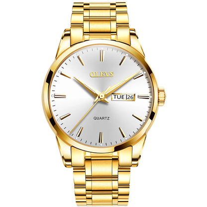 Relógio para homem OLEVS – Relógio de pulso de quartzo em aço inoxidável, estanque, dourado, elegante e luminoso, acessório de luxo para homem