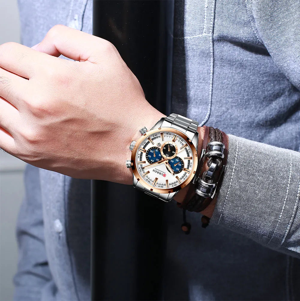 Orologio da uomo Curren con quadrante blu, cinturino in acciaio inox, data, stile business, impermeabile, orologio di lusso da polso per uomo
