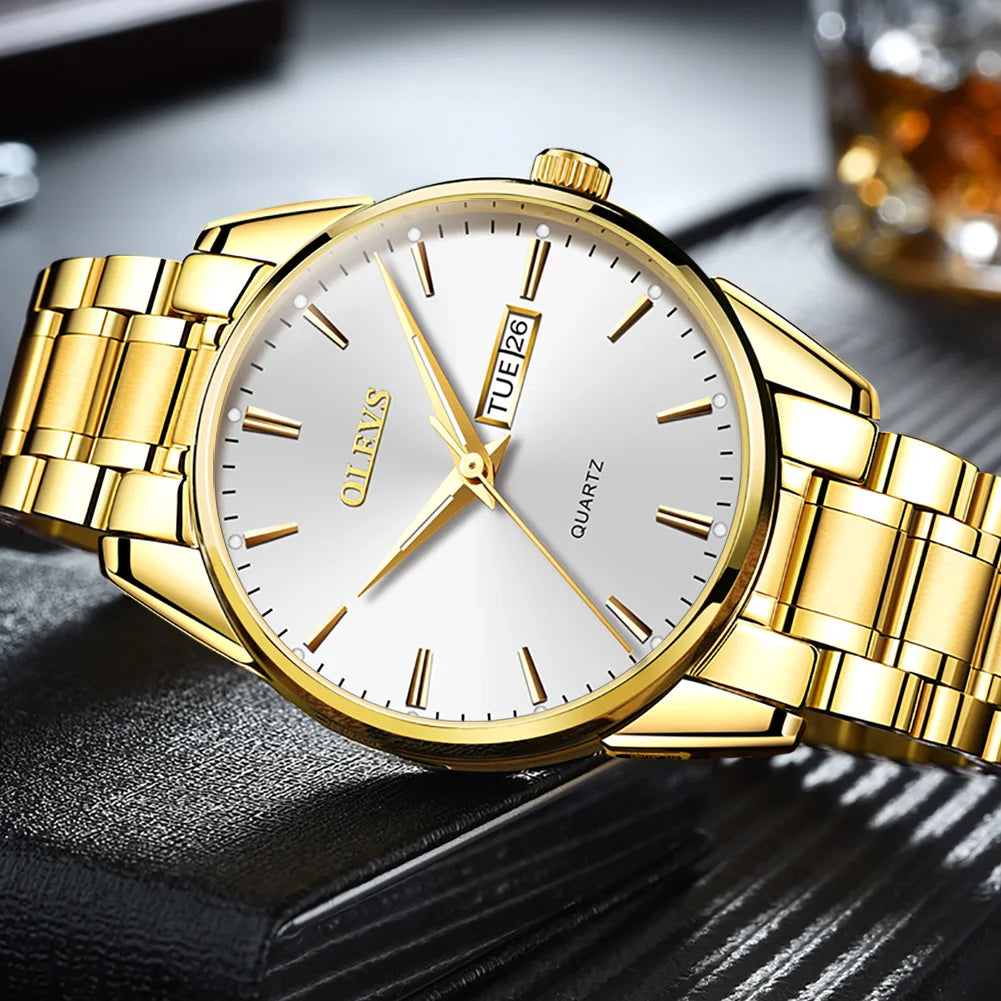 Relógio para homem OLEVS – Relógio de pulso de quartzo em aço inoxidável, estanque, dourado, elegante e luminoso, acessório de luxo para homem